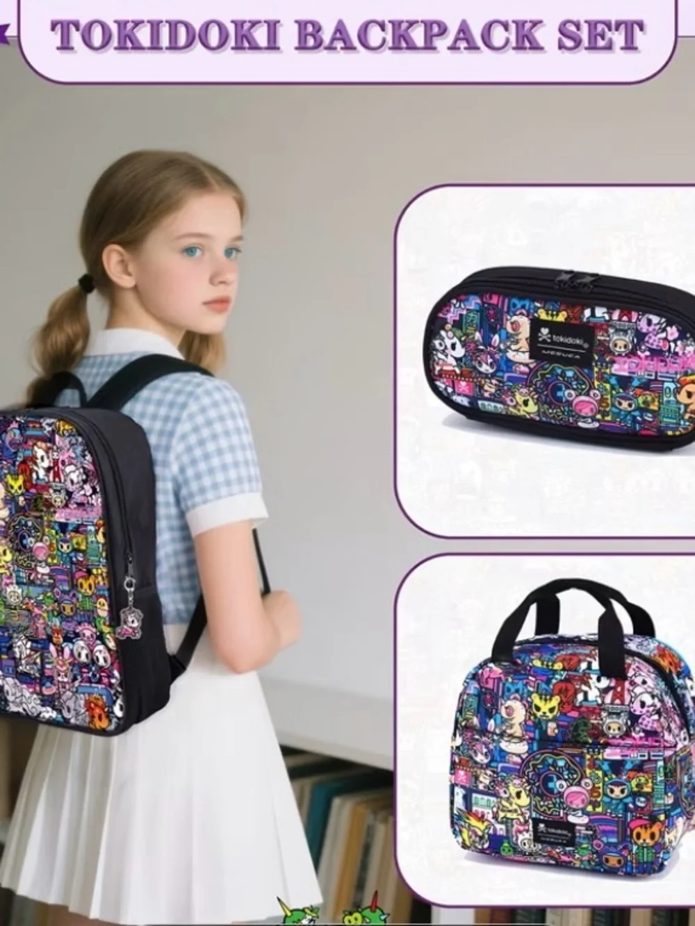 tokidoki Kids Black Character Print Backpack Set - Black